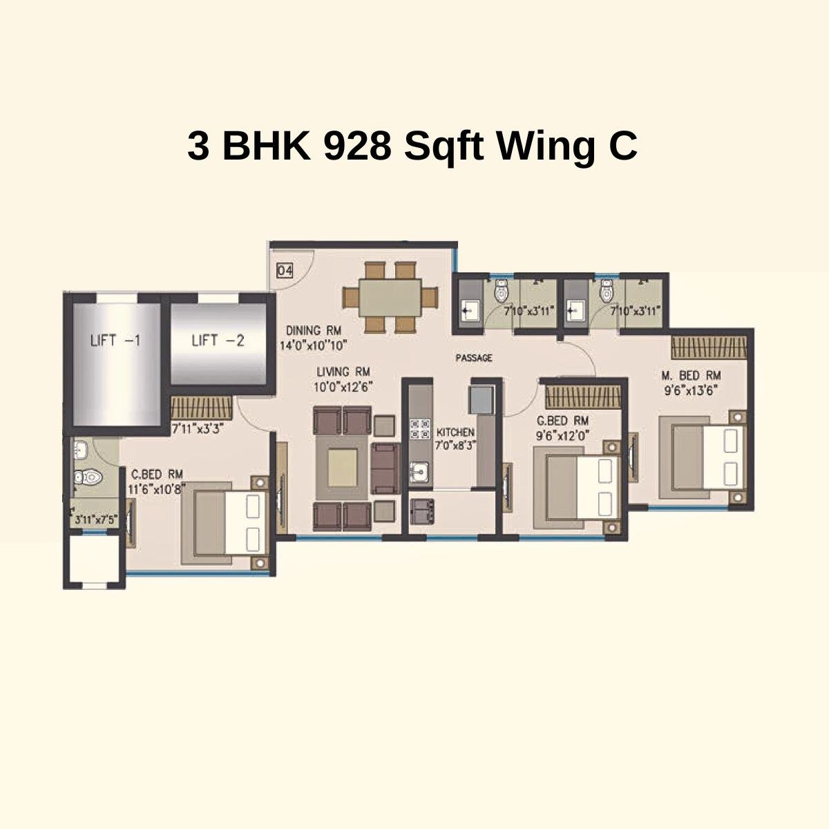 Pride-Panoroma-Typical-Floor-Plan-Wing-C-3-BHK-928-Sqft